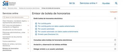 Pantalla del menú "Boleta de Honorarios Electrónicas" con la opción "Emisor de boleta de honorarios"